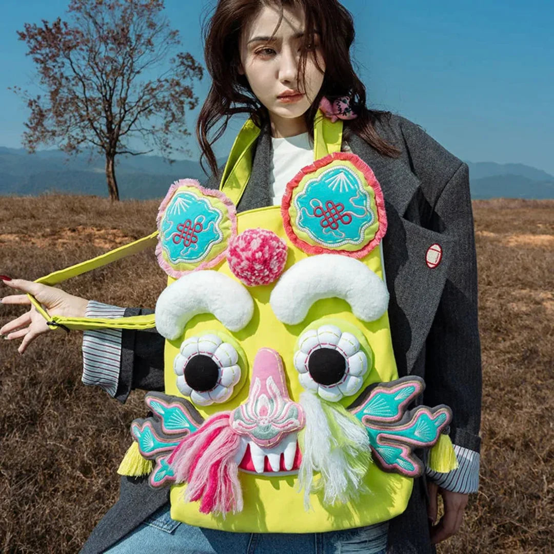 Neo Chinese Lion Mask Statement Bag in Lime