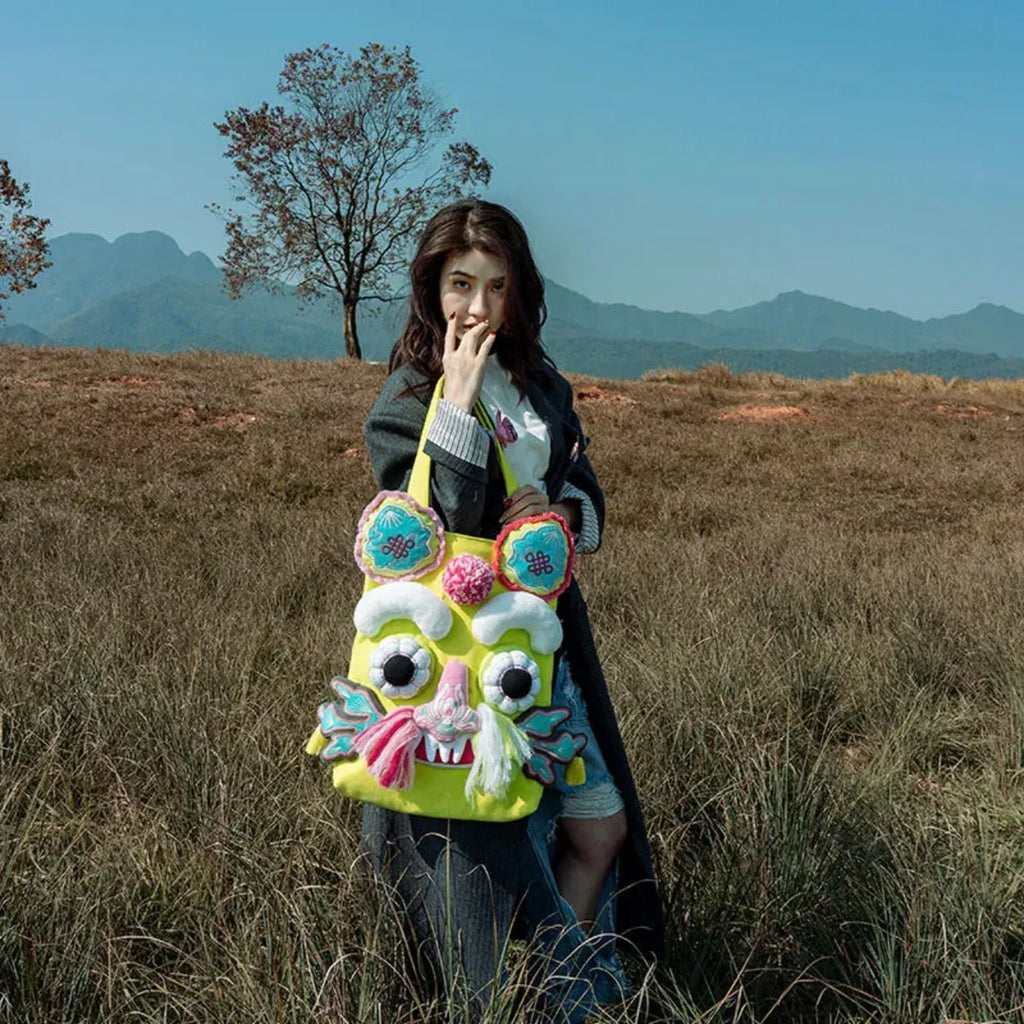 Neo Chinese Lion Mask Statement Bag in Lime
